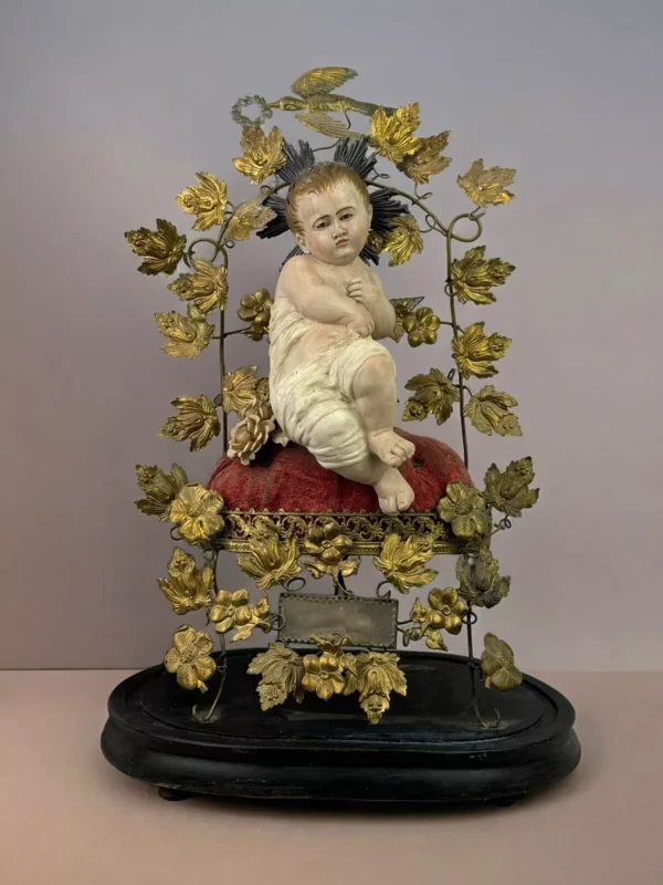 Bambinello Gesu' Bambino stile napoletano scultura occhi di vetro 20 x 30x 47 cm - immagine 4